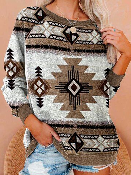

Tribal Cotton-Blend Casual Crew Neck Shirts & Tops, Gray, Long sleeve tops