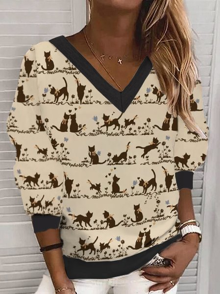 

Casual V Neck Long Sleeve Cat Printed Sweatshirt, Khaki, Sweatshirts & Hoodies
