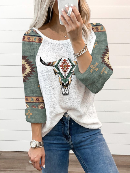 

Long Sleeve Boho Geometric Crew Neck Tops, White, T-Shirts