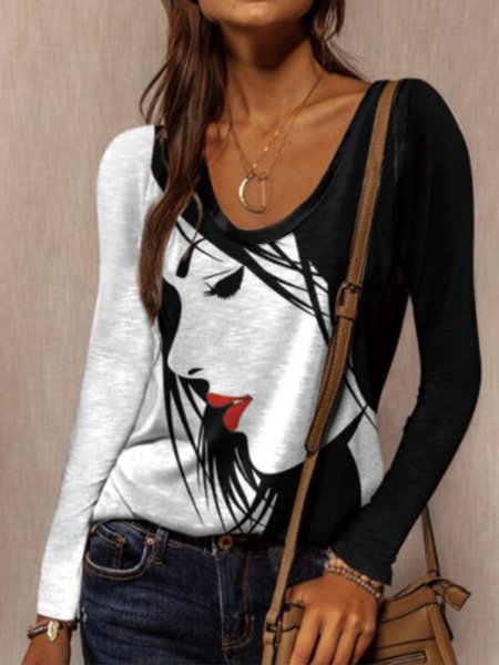 

Vintage Long Sleeve Cotton-Blend Shirts & Tops, Black-white, T-Shirts