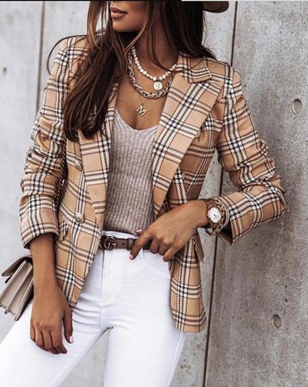 

Boho Long Sleeve Checkered/Plaid Outerwear, Color2, Blazers