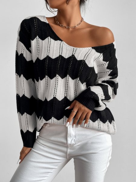 

Color-Block Shift V Neck Long Sleeve Sweater, Black-white, Pullovers