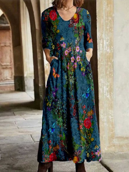

Floral printed long sleeve length Dresses, As picture, Maxi Dresses
