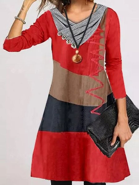 

Rosso Geometrico Stampato Casuale Dritto Collo ad anello Maniche Lunghe Abito, Midi Dresses
