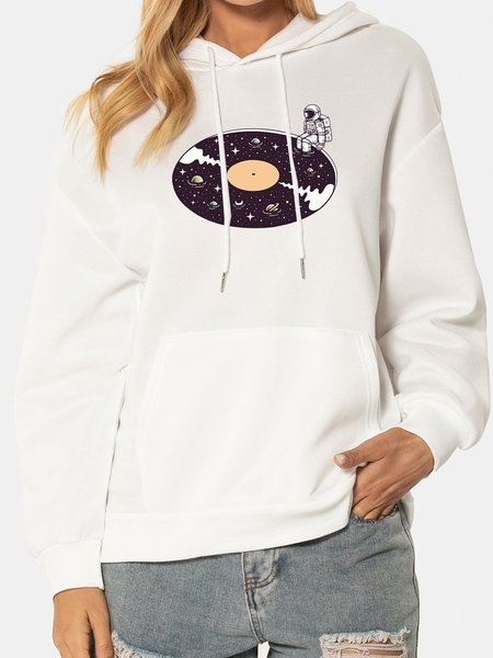 

Casual personality abstract universe astronaut print hooded long-sleeved polyester sweatshirt, White, Hoodies