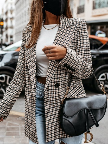 

Checkered/Plaid Shift Long Sleeve Blazer, As picture, Coats & Jackets