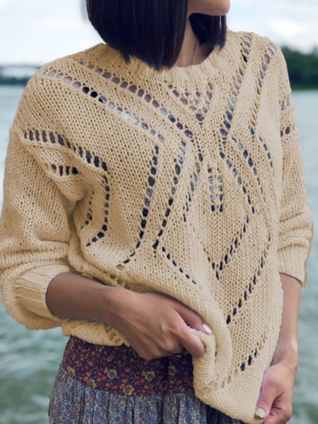 

Crew Neck Casual Solid Sweater, Khaki, Pullovers