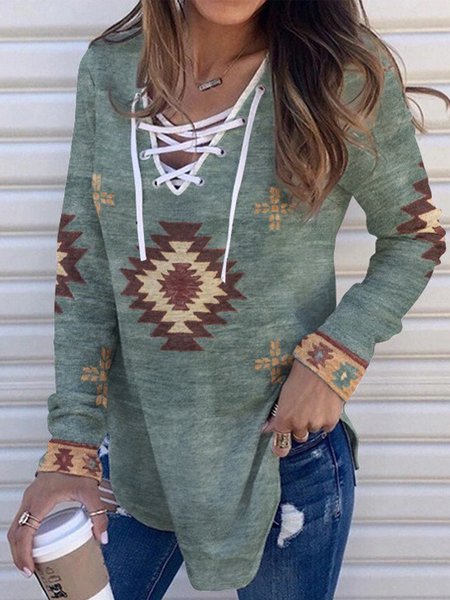 

Vintage Geometric Printed Lace-up V Neck Long Sleeve Plus Size Casual Tops, Multicolor, T-Shirts