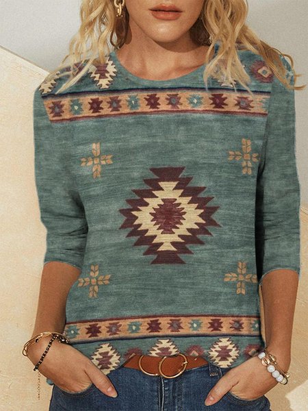 

Ladies round neck casual ethnic style blouse, Green, Long sleeve tops