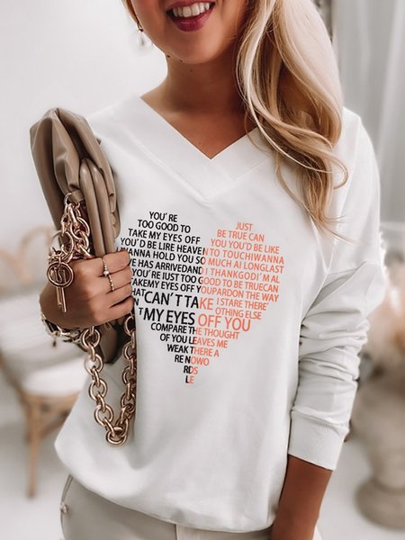 

White Casual V Neck Letter Heart Pattern Long Sleeve Shirts & Tops, Blouses & Shirts