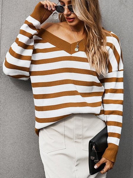 

V Neck Striped Long Sleeve Casual Sweater, Caramel, Sweaters & Cardigans