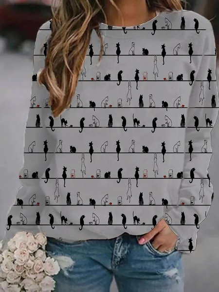 

Women Casual Cute Cat Crew Neck Long Sleeve Shirt & Top, Gray, Hoodies & Sweatshirts