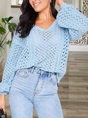 

V Neck Vintage Long Sleeve Sweater, Blue, Sweaters & Cardigans