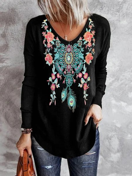 

Casual Long Sleeve V Neck Plus Size Printed Tops T-shirts, Black, T-Shirts
