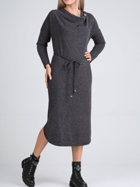 

Fall Mid-weight Slightly stretchy Daily Simple Dresses, Deep gray, Midi Dresses