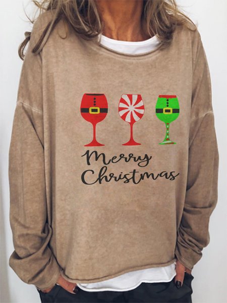

Merry Christmas Wine Lover Off Shoulder Cotton Blends Sweatshirts, Light brown, Hoodies&Sweatshirts