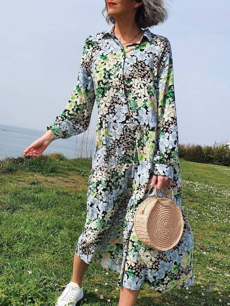

Vacanza Colletto a Camicia Lungo Abito, Multicolore, Maxi Dresses