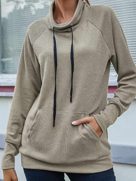 

new Keng strip high neck drawstring hooded casual sweater for women, Apricot, Sweatshirts & Hoodies