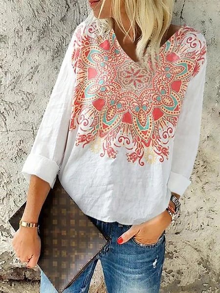 

Floral Boho Long Sleeves Shirts & Tops, Green, Tops