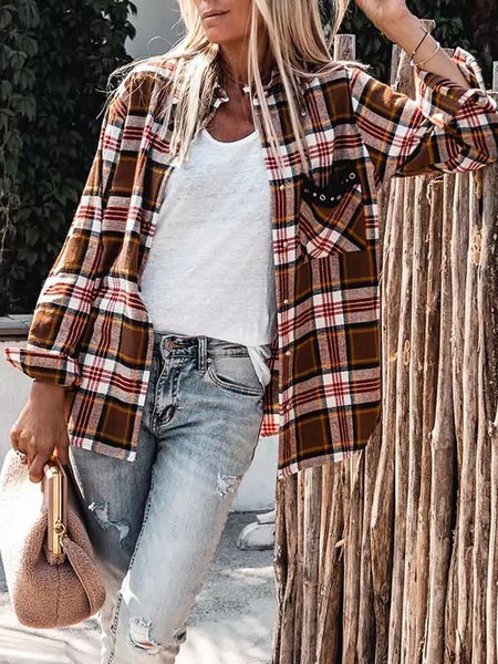 

Plaid Shirt Cotton Blends Outerwear, As picture, Jackets