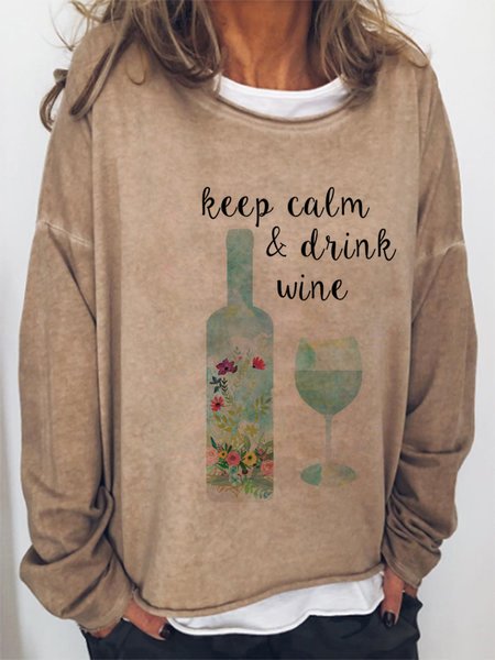 

Keep Calm& Drink Wine Off Shoulder Casual Sweatshirts, Light brown, Hoodies&Sweatshirts