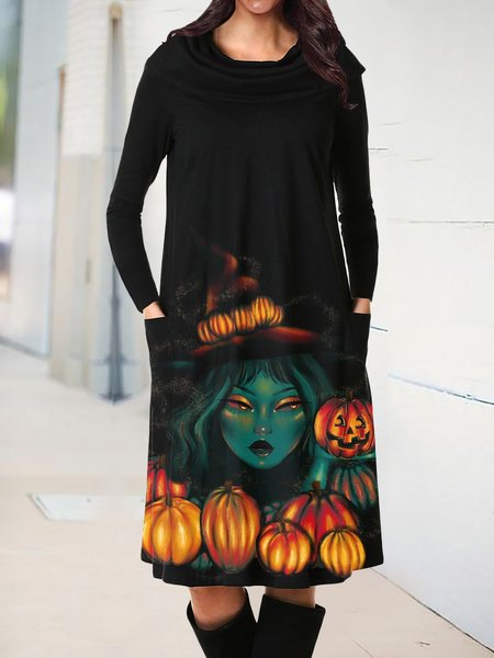 

Halloween Print Cowl Neck Long-sleeved Casual Midi Dresses, Black, Casual Dresses