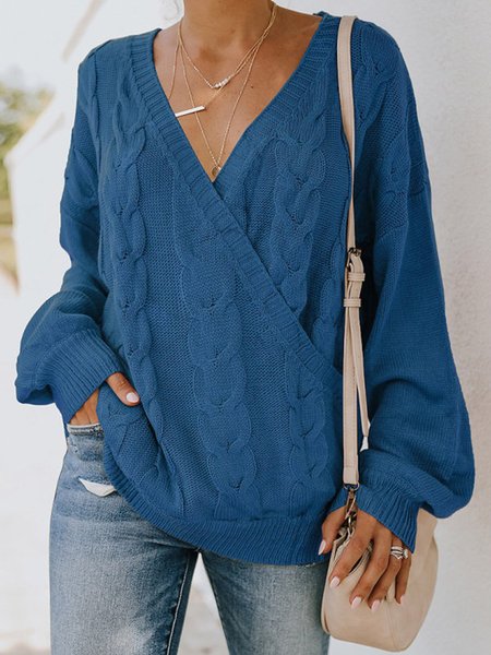 

Casual V-neck Long Sleeve Solid Sweater, Blue, Knitwear & Sweaters