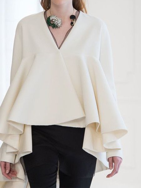 

Long Sleeve V Neck Loosen Solid Daily Top, White, Blouses and Shirts