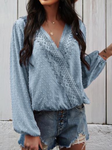 

Lace Patchwork Bishop Sleeve V Neck Shirts & Tops, Blue, Shirts & Blouses