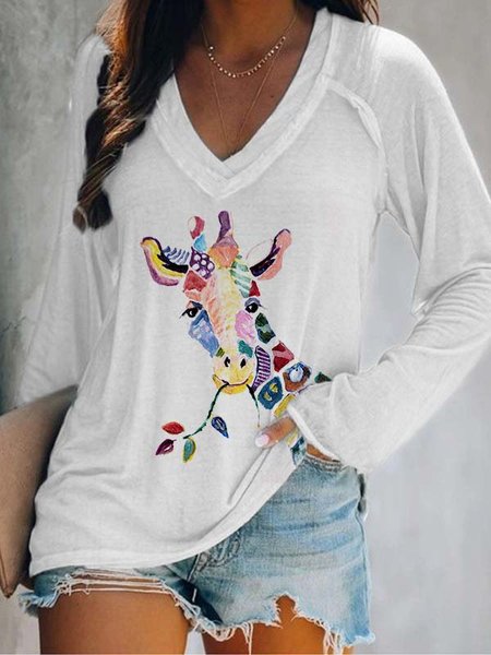 

Animal Printed Long Sleeve V-neck Casual Shirts & Tops, White, T-Shirts