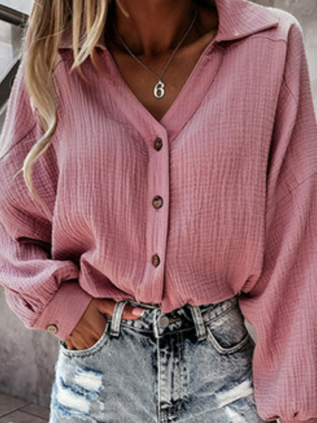 

New women's V-neck Lantern Sleeve Top Solid shirt, Dark pink, Long sleeve tops