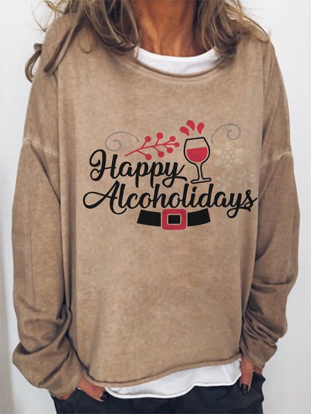

Happy Alcoholidays Cotton Blends Off Shoulder Sweatshirt, Light brown, Hoodies&Sweatshirts