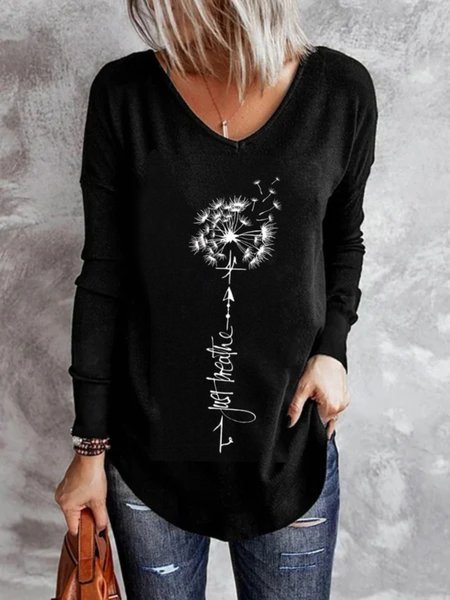 

Casual Long Sleeve V Neck Plus Size Printed Tops T-shirts, Black, T-Shirts