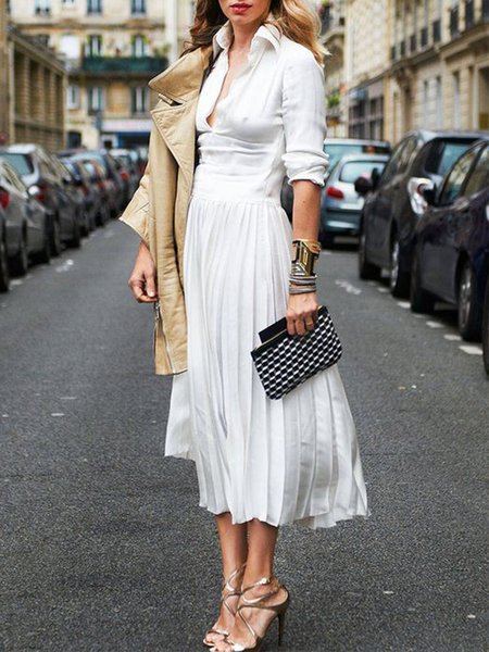 

Long Sleeve Shirt Collar Solid Lady Midi Dress, White, Midi Dresses