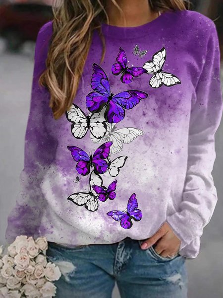 

Butterfly Printed Long Sleeves Shirts&Tops, Purple, T-Shirts