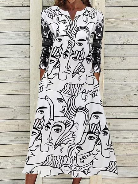 

Arte viso Stampato manica lunga Abito, Nero-bianco, Midi Dresses
