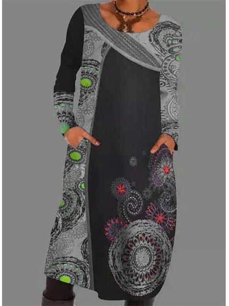 

Vintage Girocollo A-line Abito, Grigio, Midi Dresses