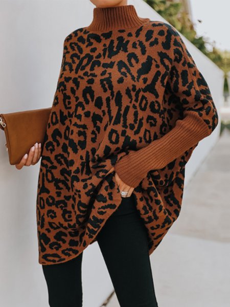

Casual Loosen High Neck Sweater, Brown, Pullovers