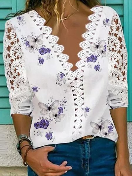 

White Butterfly Printed Casual Shirts & Tops, Blouses & Shirts