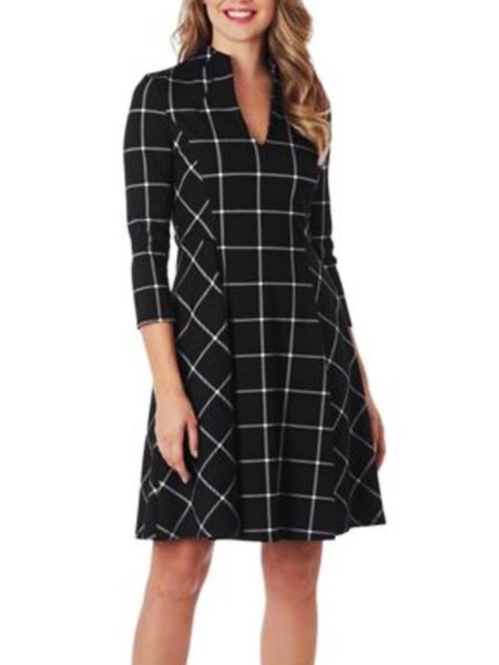 

Plaid A-Line 3/4 Sleeve Casual Dress, Black, Mini Dresses