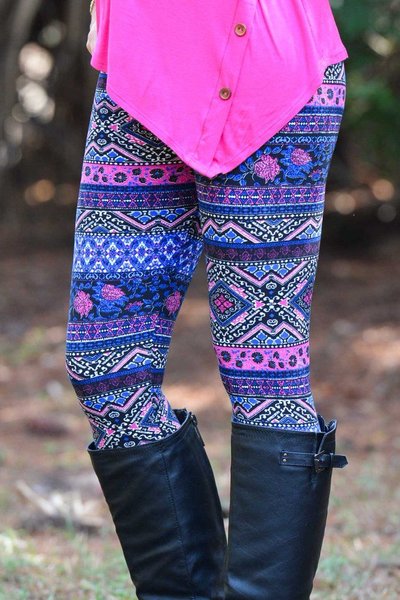 

Casual Plus Size Printed Leggings, Purple, Leggings