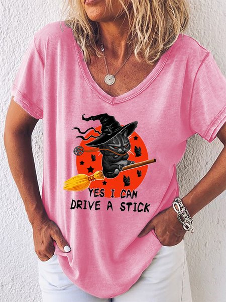 

Yes I Can Drive A Stick Witch Cat Women's T-shirt, Pink, T-shirts
