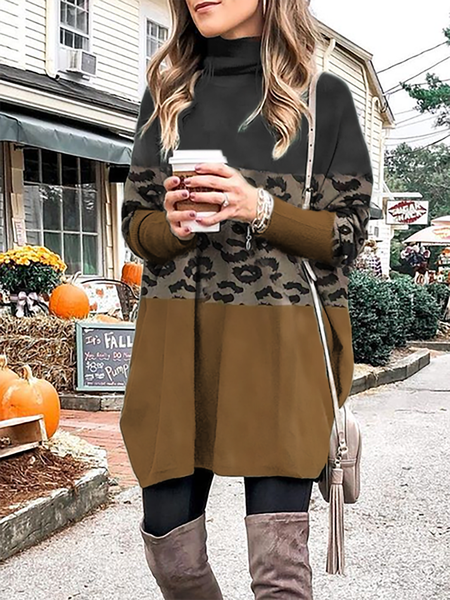 

taglia grande Leopardo Stampato Maniche Lunghe Abito, Cachi, Midi Dresses