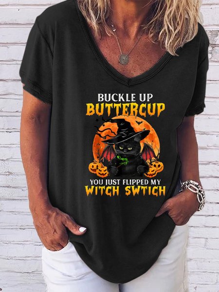

Casual and personalized Halloween printed V-neck short-sleeved polyester T-shirt, Black, T-shirts