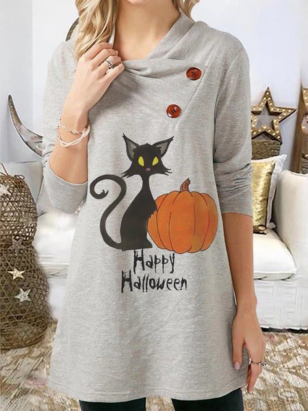 

Halloween Print Mid-length Long-sleeved Tops, Gray, Long sleeve tops