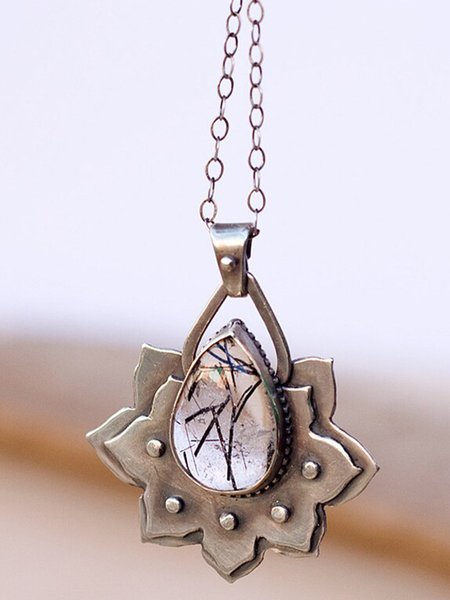 

Retro Simple Double Flower Gemstone Necklace, As picture, Necklaces