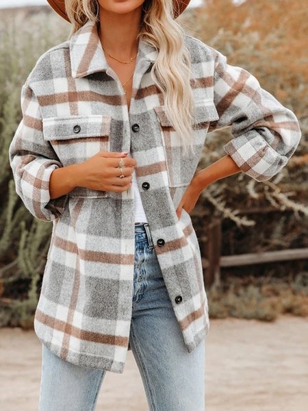 

Simple Plaid Shirt Long Sleeve Outerwear, As picture, Jackets
