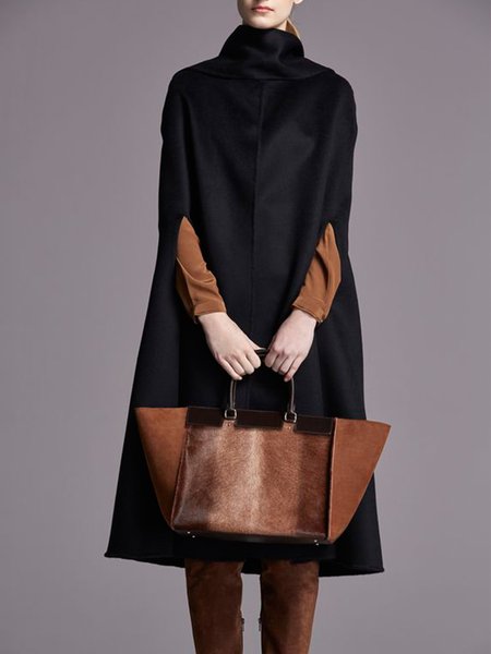 

High Neck A-line Lady Solid Midi Dress, Black, Midi Dresses