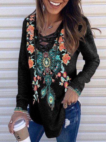 

Printed lace-up T-shirt with neckline, Black, T-Shirts