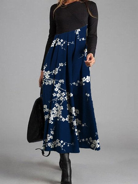 

An elegant floral dress with a full swing, Dark blue, Floral Dresses